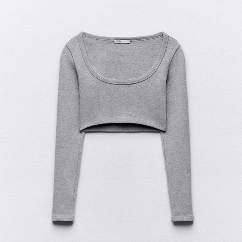 Zara Ribbed Gray Cropped Long Sleeve Top